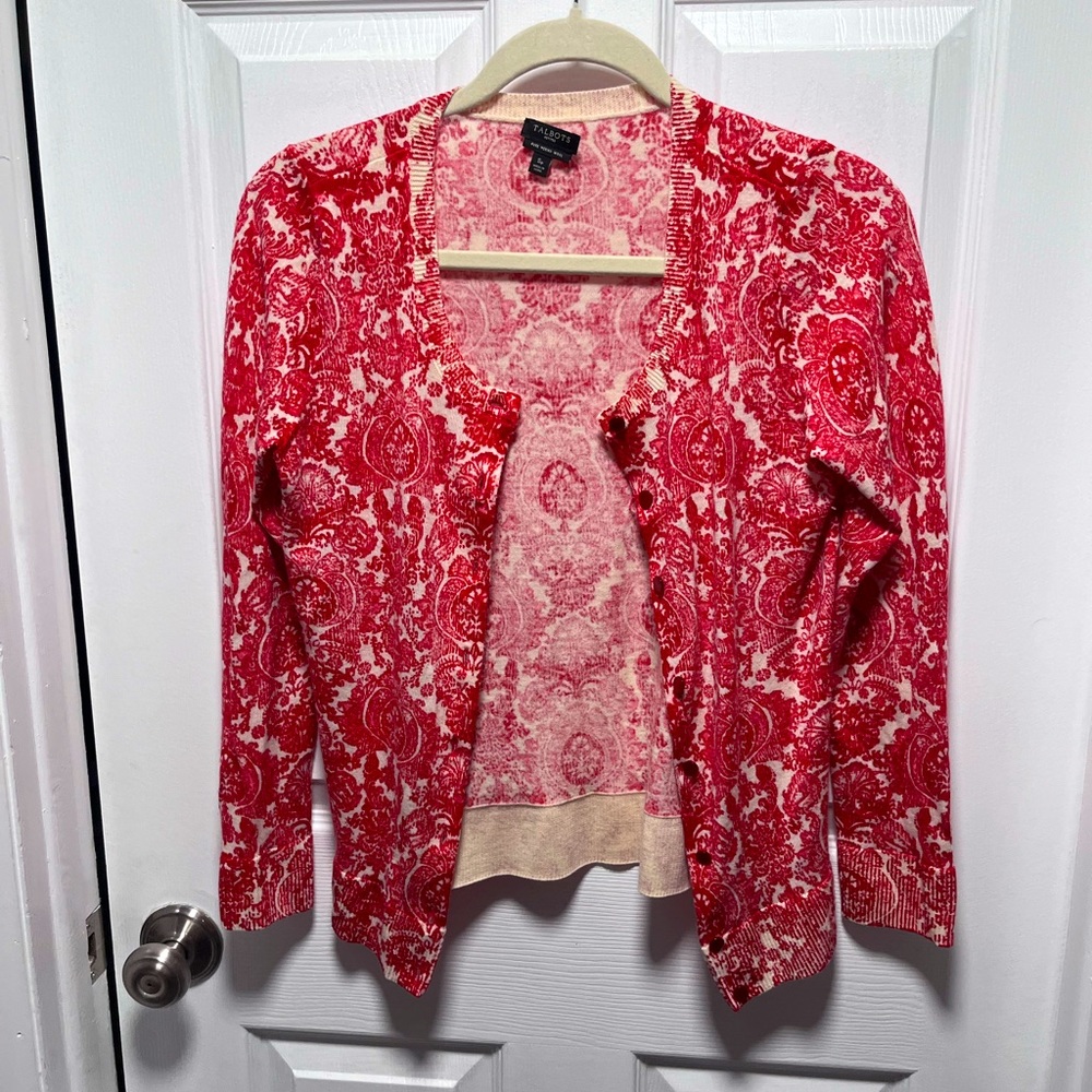 Talbots Small Merino Wool Red Pattern Cardigan - image 1